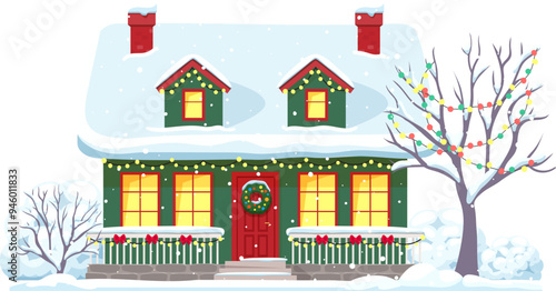 Christmas winter house facade with snow on roof and holiday decorations, cartoon vector. Winter town home exterior with chimneys, Christmas wreath on door, red ribbons on fence and garland lights