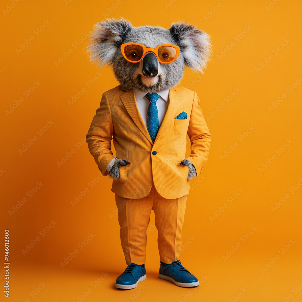 Fototapeta premium Funky colorful Koala dressed in suit in funny look, with orange sunglasses and standing looking at the camera on an orange background like a studio shoot