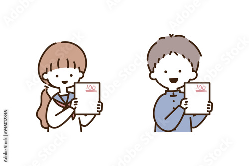 100点のテスト答案用紙を自慢気に見せる女子生徒と男子生徒