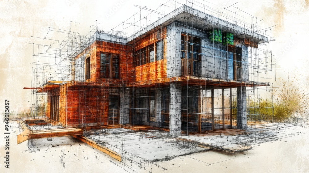 Modern House Architectural Sketch with Watercolor Texture Modern House Architectural Sketch with Watercolor Texture