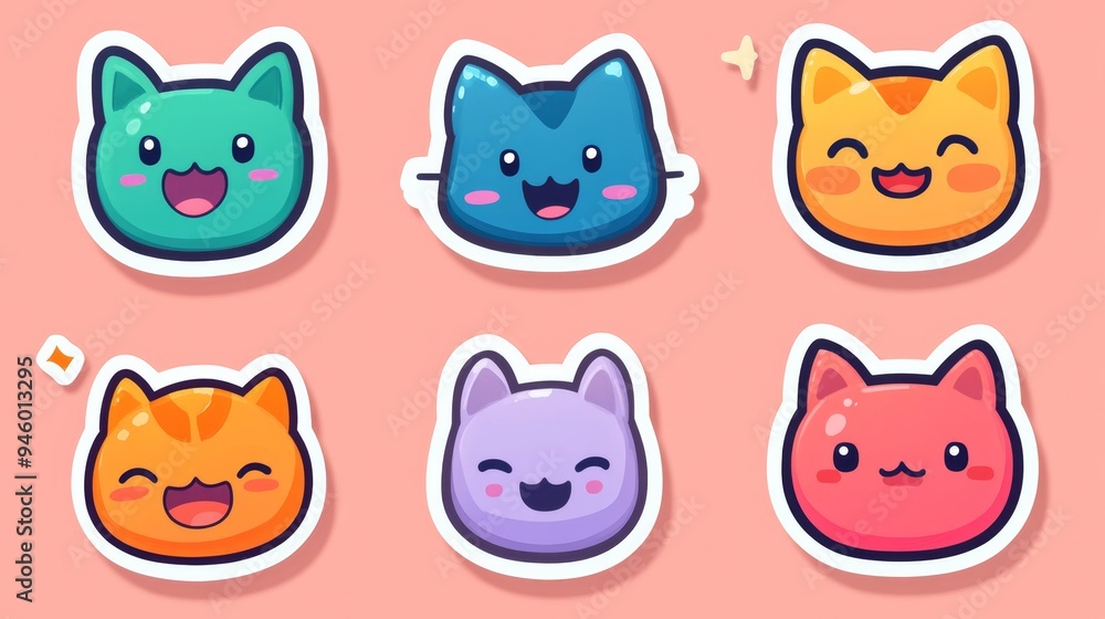 Cute Cartoon Cat Stickers on Pink Background Cute Cartoon Cat Stickers on Pink Background