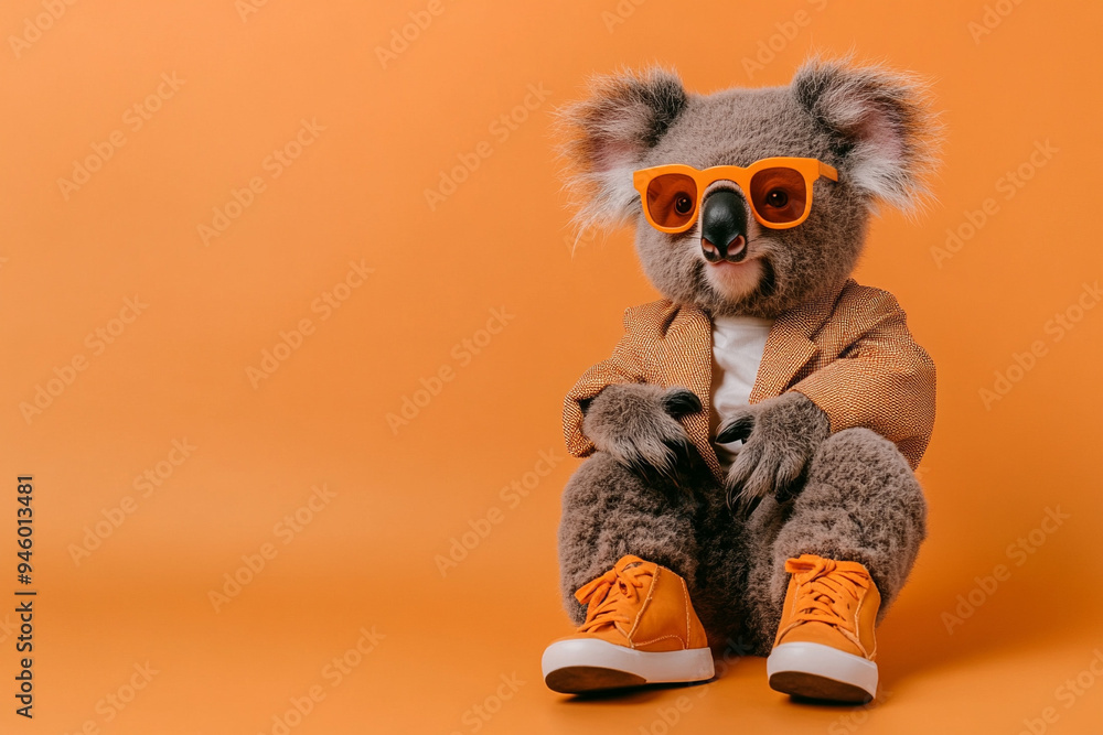 Funky colorful Koala dressed in suit in funny look, with orange sunglasses and standing looking at the camera on an orange background like a studio shoot Funky colorful Koala dressed in suit in funny look, with orange sunglasses and standing looking at the camera on an orange background like a studio shoot