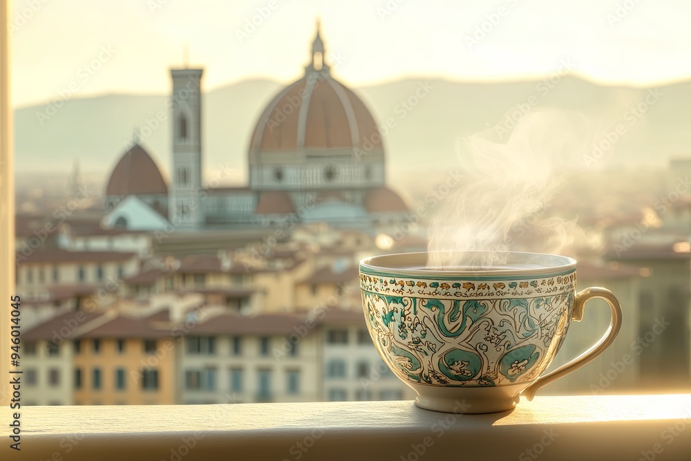 Naklejka premium A serene morning scene featuring a steaming cup of coffee placed on a windowsill, overlooking