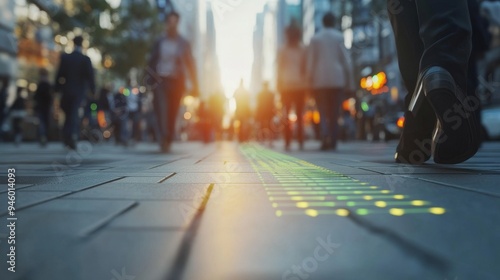 Blurred City Street With Luminous Lines And People Walking