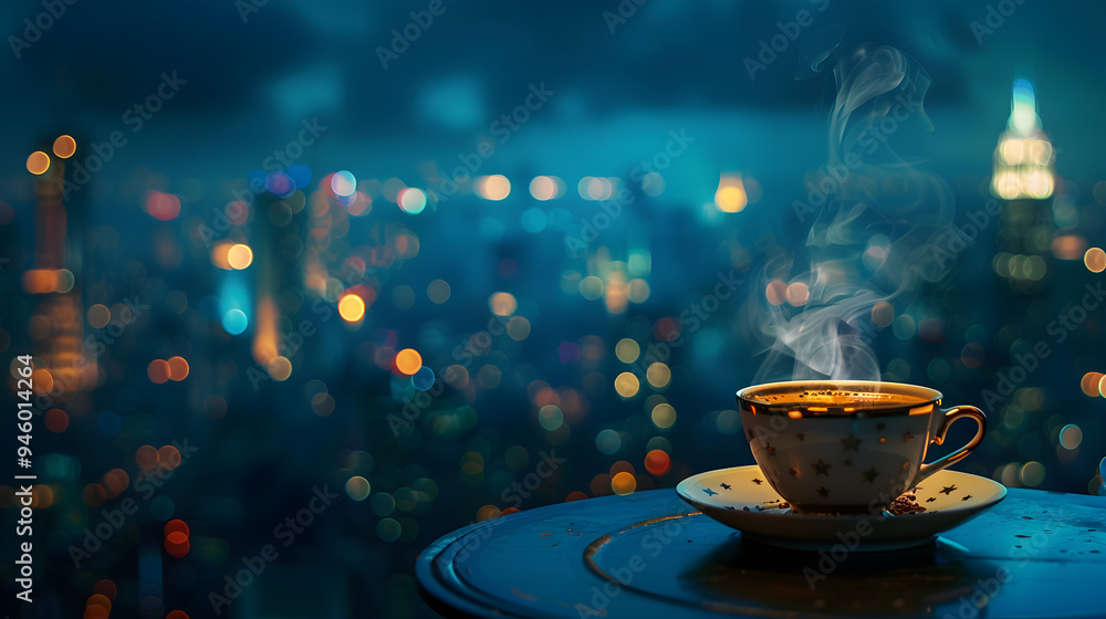Aromatic hot coffee in a small white cup with golden stars on the background of night city lights. The concept of the magic of the evening. Blue colors, bokeh, copy space. Creative banner Aromatic hot coffee in a small white cup with golden stars on the background of night city lights. The concept of the magic of the evening. Blue colors, bokeh, copy space. Creative banner
