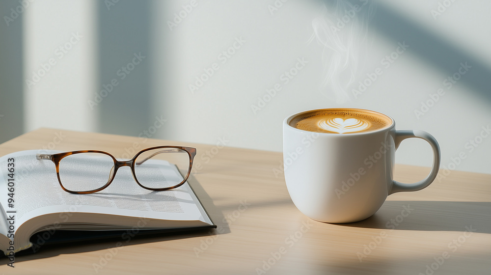 steaming cup of coffee, open book and pair of reading glasses on wooden table with copy space for text steaming cup of coffee, open book and pair of reading glasses on wooden table with copy space for text