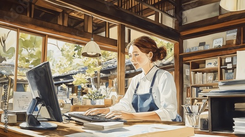 Woman working on a computer in a sunlit, traditional Japanese-style room.