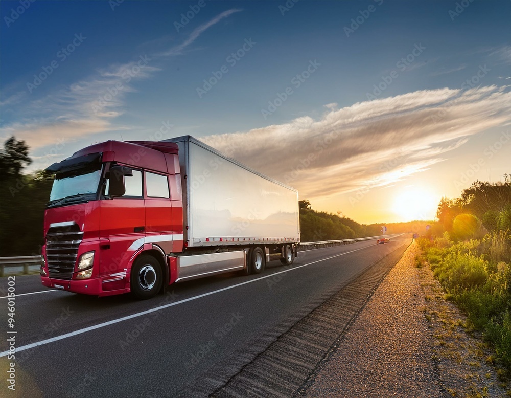 Large White and Red Truck Driving on Highway During Sunset With Blurred Background Large White and Red Truck Driving on Highway During Sunset With Blurred Background