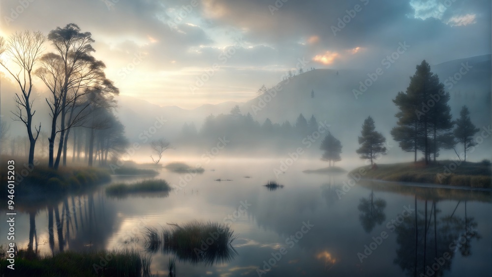 Fototapeta premium a lake with misty conditions illustration background