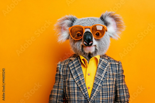 Funky colorful Koala dressed in suit in funny look, with orange sunglasses and standing looking at the camera on an orange background like a studio shoot