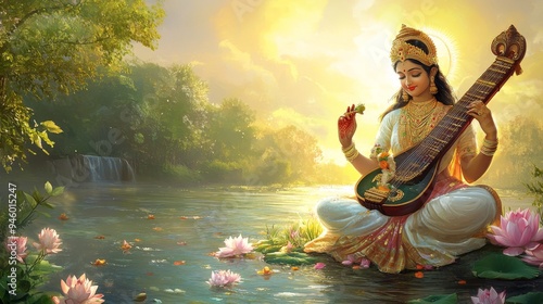 Tranquil Riverside with Saraswati Playing Veena