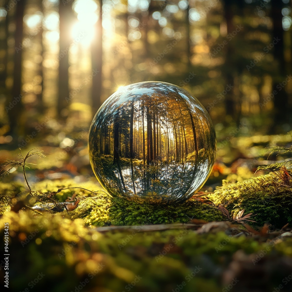 Glass ball on moss in the forest - environmental concept Glass ball on moss in the forest - environmental concept