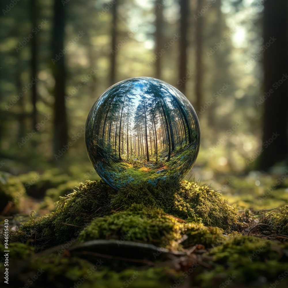 Glass ball on moss in the forest - environmental concept Glass ball on moss in the forest - environmental concept