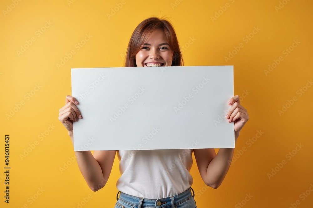 Happy Woman Holding a Blank White Sign Against a Yellow Background Happy Woman Holding a Blank White Sign Against a Yellow Background