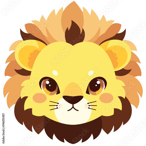 A cute cartoon lion head with simple flat illustration style for vector graphic logo design isolated on a white background