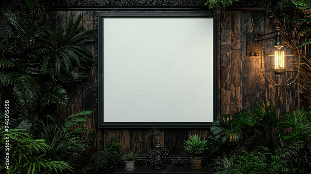 A blank frame surrounded by lush greenery, creating a perfect backdrop for nature-themed content or artwork display.