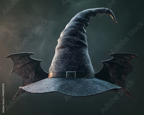 A mystical witch hat with bat wings, perfect for Halloween-themed projects or fantasy illustrations. photo