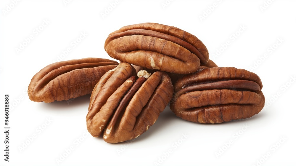 A group of pecan nuts arranged on a white background. A group of pecan nuts arranged on a white background.