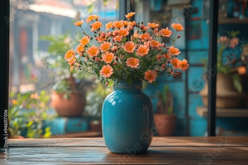 Wallpaper Mural Vibrant Orange Flowers Arranged in a Blue Vase on a Wooden Table. Torontodigital.ca