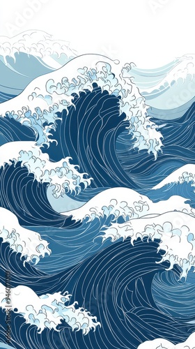 Seamless pattern with waves and clouds. Blue sea waves background

