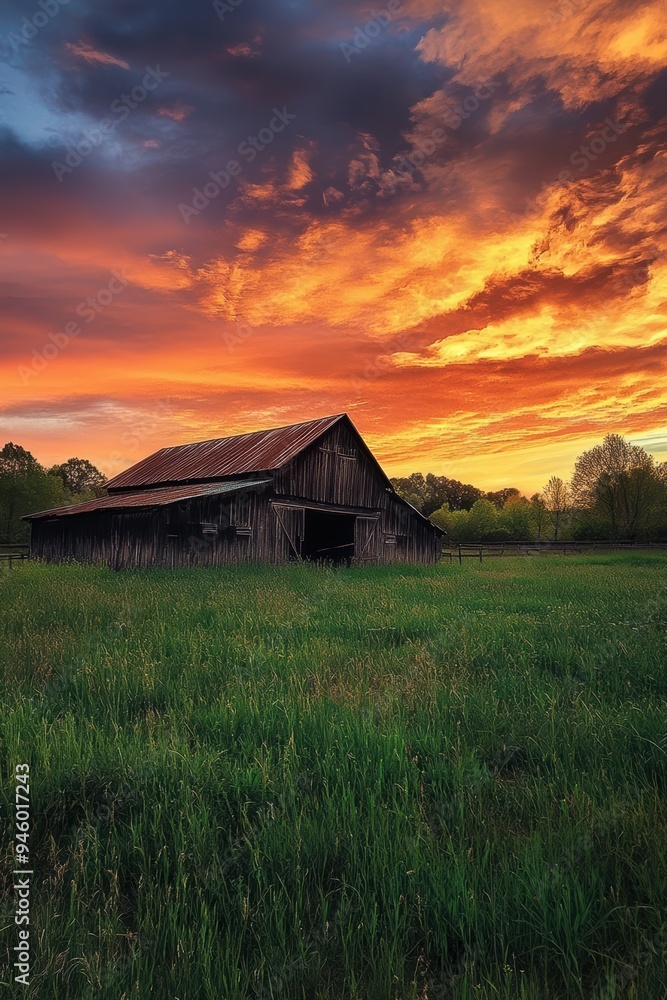 Rustic Barn Amidst Lush Green Fields with a Stunning Sunset Sky Above.
Rustic Barn Amidst Lush Green Fields with a Stunning Sunset Sky Above.