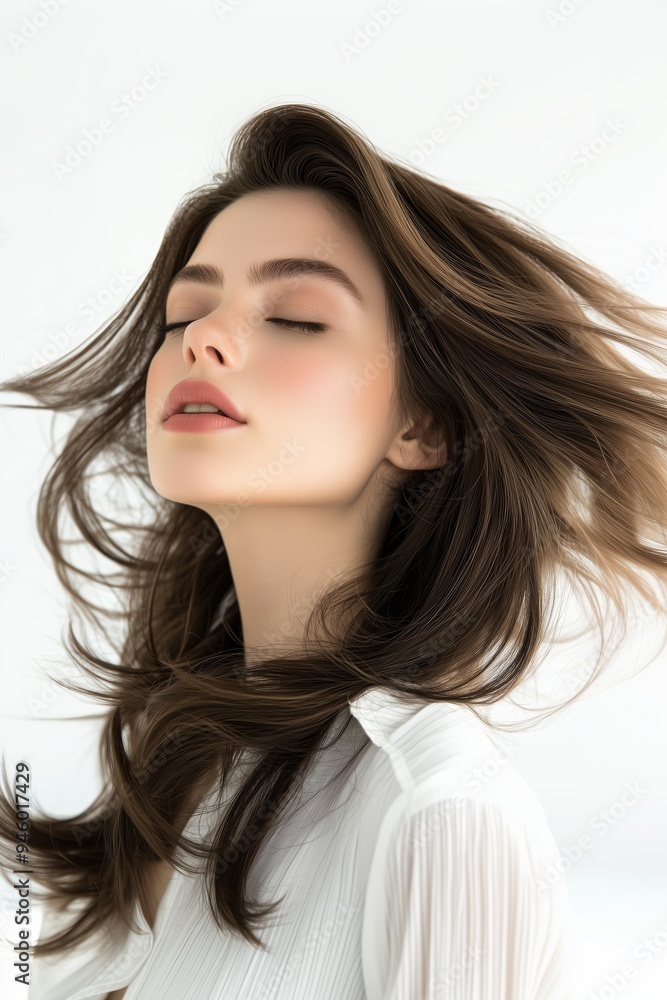 A young woman with long, flowing hair gazes serenely with closed eyes, showcasing natural beauty against a minimalistic background