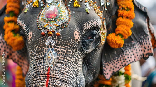 Close-up of an elephant undergoing some kind of ritual. The elephant is made beautiful with makeup.