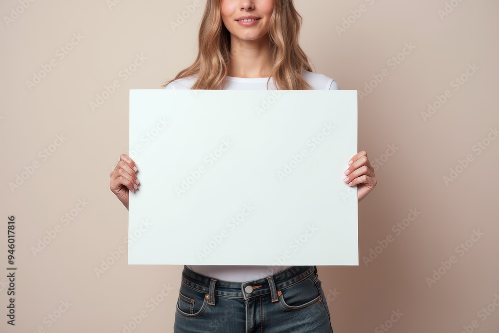 Woman Holding Blank White Sign in Front of Her Woman Holding Blank White Sign in Front of Her