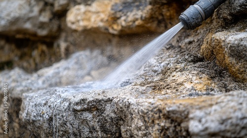 A precision water jet washes away dirt from a rough stone surface, highlighting the texture and contrast between dirty and clean areas in sharp detail