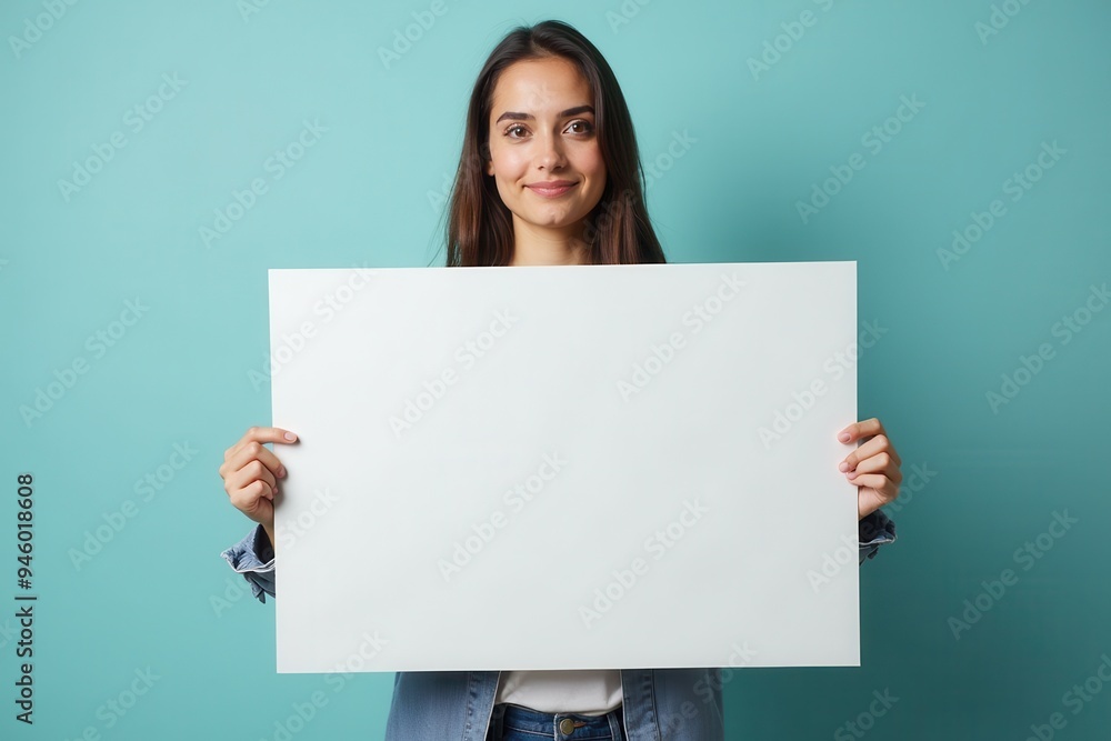 Young woman holding a large blank white sign Young woman holding a large blank white sign