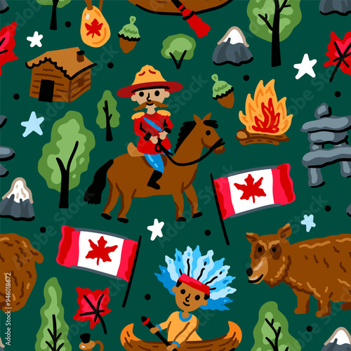 Bright cheerful children seamless vector pattern with symbols of Canada. American Indian, maple leaf, grizzly, mounted police. Alaska landmarks. Childish Forest travel background. North America photo