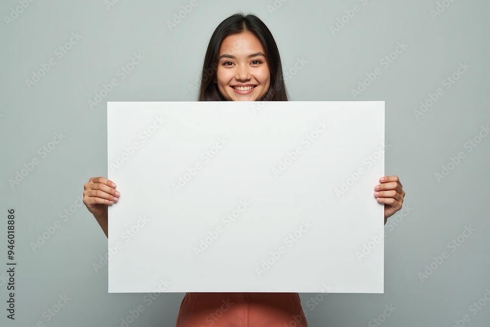 Smiling Woman Holding a Blank White Sign Smiling Woman Holding a Blank White Sign
