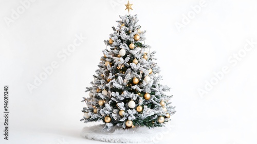 Festive Christmas Tree with Faux Fur Skirt Isolated on White Background