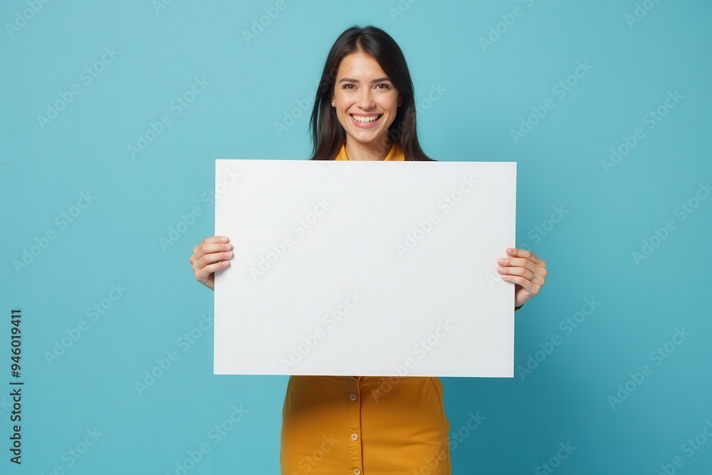 Smiling Woman Holding a Blank White Sign Against a Blue Background Smiling Woman Holding a Blank White Sign Against a Blue Background