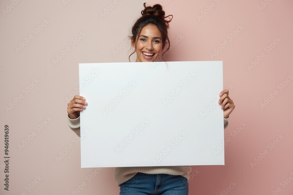 Smiling Woman Holding Blank White Sign in Front of Pink Background Smiling Woman Holding Blank White Sign in Front of Pink Background