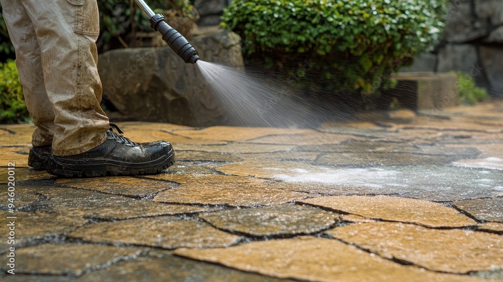 A worker directing a high-pressure water jet onto a greasy floor, cleaning away dirt and grime A worker directing a high-pressure water jet onto a greasy floor, cleaning away dirt and grime