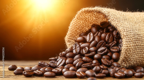 Organic coffee beans, spilling from burlap sack, 3D illustration