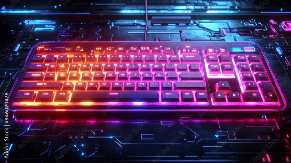 RGB Illuminated Gaming Keyboard on Futuristic Circuit Board RGB Illuminated Gaming Keyboard on Futuristic Circuit Board