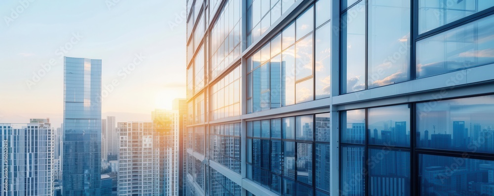Modern cityscape with tall glass buildings reflecting the setting sun, showcasing urban architecture and city life. Modern cityscape with tall glass buildings reflecting the setting sun, showcasing urban architecture and city life.
