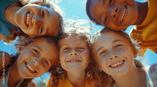 Joyful Little Friends: Diverse Children Huddling and Smiling Outdoors, Embodying Friendship and Diversity