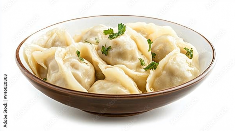 Savory Cooked Dumplings in Bowl on White Background Savory Cooked Dumplings in Bowl on White Background