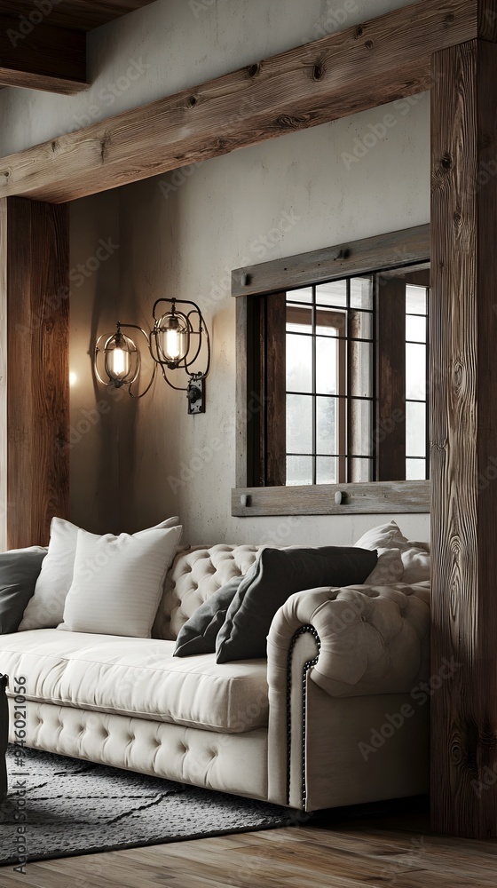 Fototapeta premium Cozy and Inviting Farmhouse Living Room Interior with Reclaimed Wood Accents Overstuffed Sofa and Warm Metal Sconce Lighting
