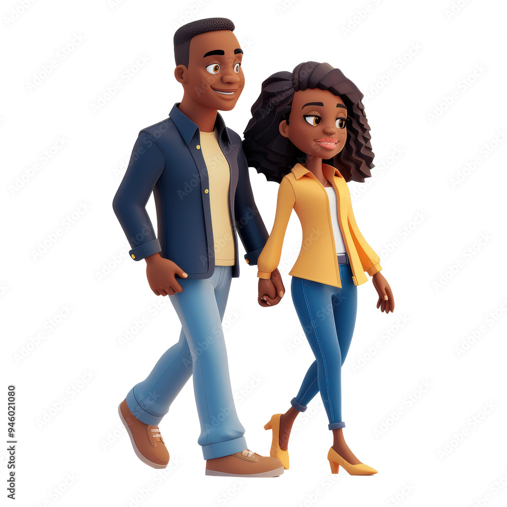 Fototapeta premium 3D Cartoon African American Couple Walking Together Isolated on Transparent or White Background, PNG