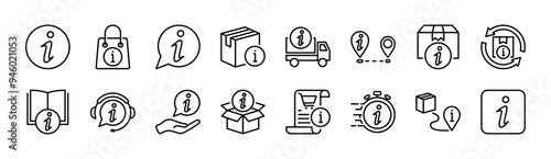Info or information line icon vector set. Containing button, online shop, guidebook, customer service, delivery, package, tracking, shopping list, time, distance, return, communication, unboxing