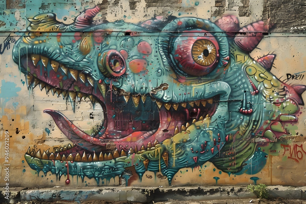 Colorful Graffiti of a Monster Face on a Brick Wall. Colorful Graffiti of a Monster Face on a Brick Wall.