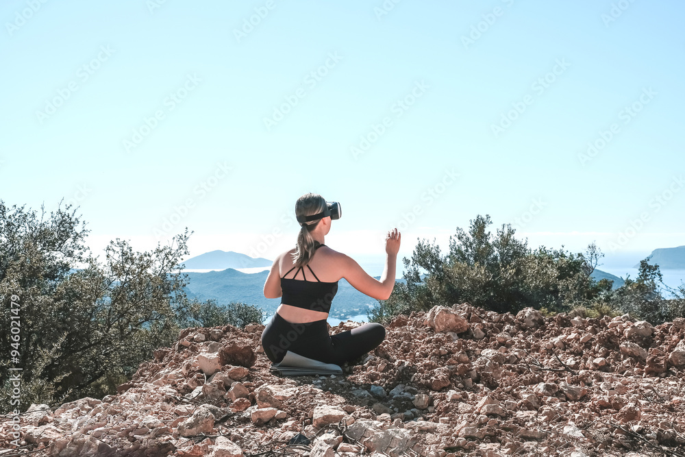 Traveler in virtual reality headset augmented with virtual reality in the concept of a beautiful mountain landscape, mountain trip, VR,reality, virtual,...... Traveler in virtual reality headset augmented with virtual reality in the concept of a beautiful mountain landscape, mountain trip, VR,reality, virtual,......