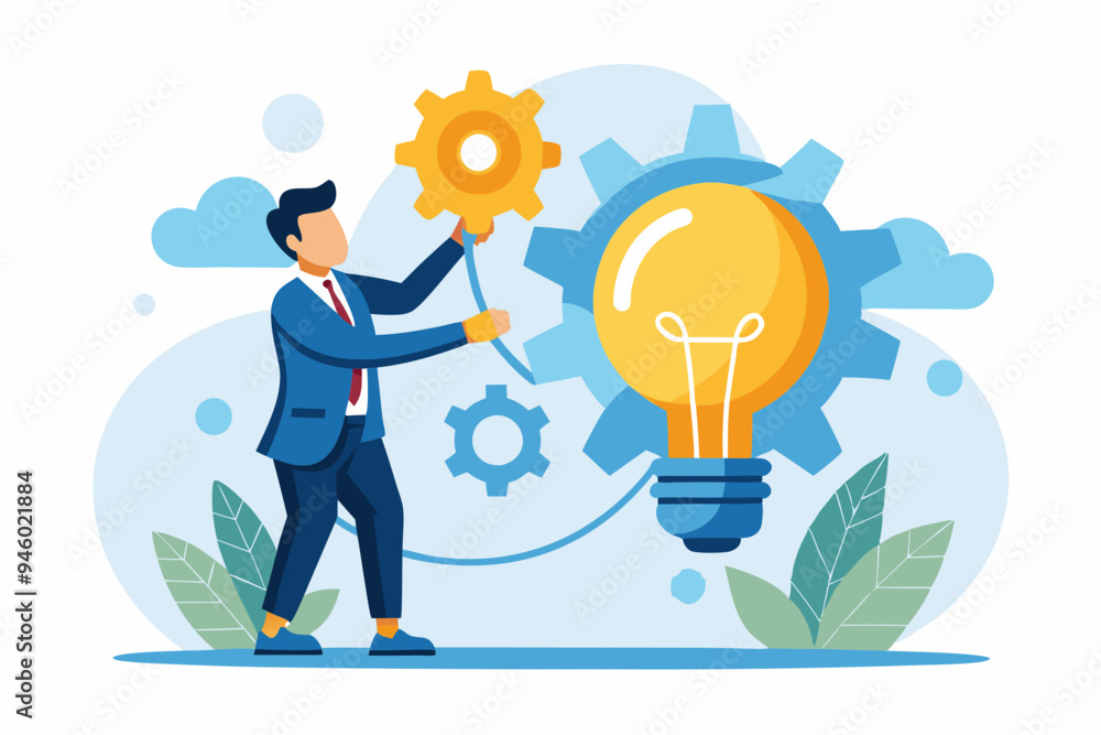 Innovation or product development, idea or solution to solve business problem, invention or technology creation to build new product, efficiency concept, businessman build gear in lightbulb idea.
