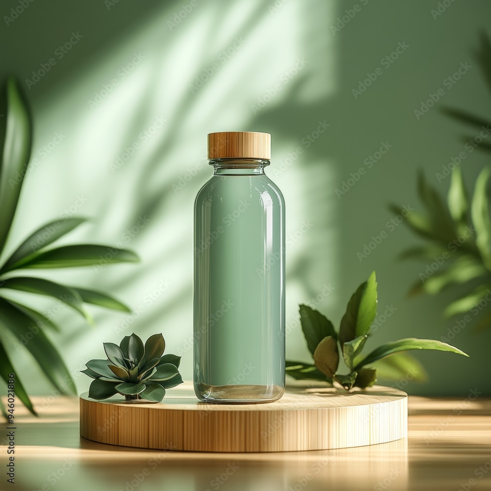 Glass Bottle with Wooden Lid on Wooden Platform with Green Plants Glass Bottle with Wooden Lid on Wooden Platform with Green Plants