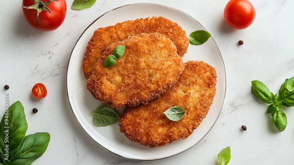 Gourmet Breaded Cutlets on Marble Table Gourmet Breaded Cutlets on Marble Table