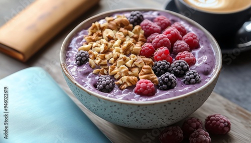 A vibrant acai bowl with toppings of nuts and berries, served beside a journal and morning coffee, representing mindful eating practices